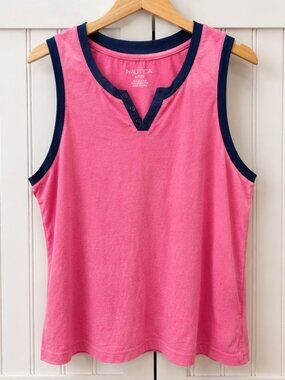 Nautica Pink Sleeveless Henley Tank Top Navy Trim XL Casual